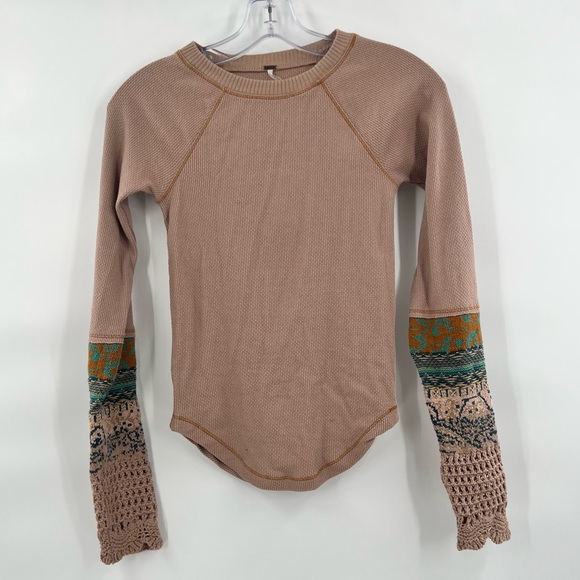 Free People Sweaters - Free People crochet sleeve sweater blouse top size XS thermal brown